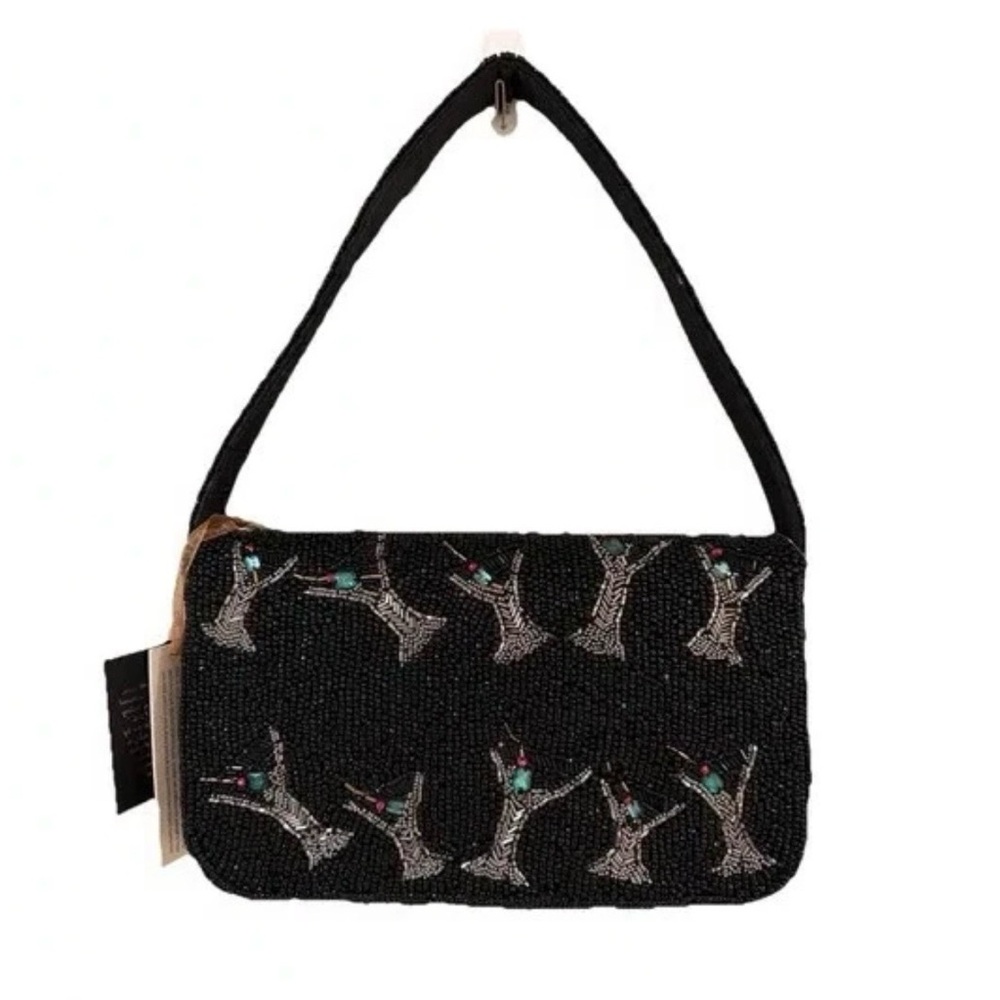 Black Beaded Shoulder Bag with Embellished Bird Motif
